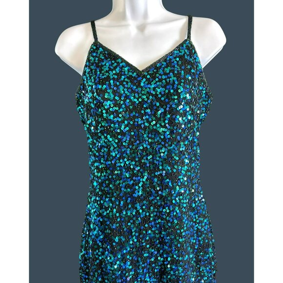 Vintage Scala Blue Green Fully Beaded Silk Evening Gown Medium Prom Y2K Rare - Picture 3 of 12